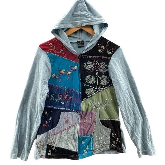 Sacred Threads Jackets & Blazers - Sacred Threads Jacket Womens M/L Baby Blue Patchwork‎ Embroidered Full Zip Hood